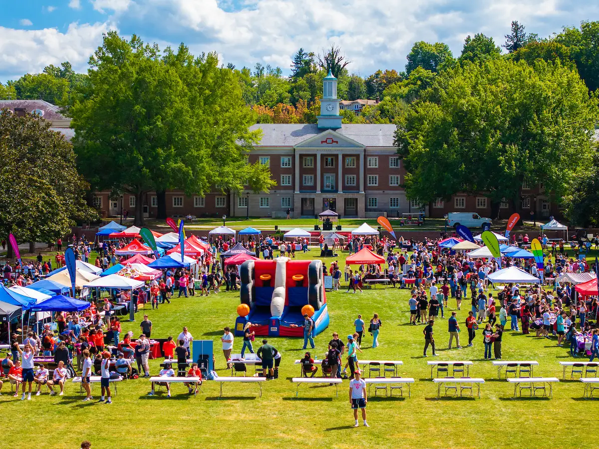 Aerial view of the Radford University campus club fair
