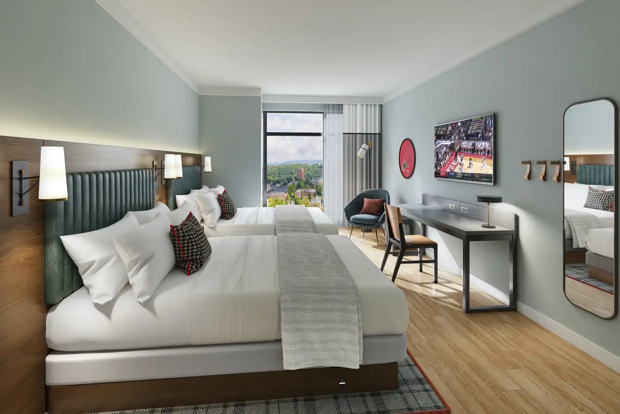 A double queen guest room.
